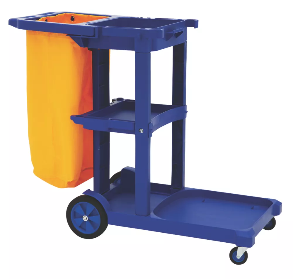 Essentials Blue 3-Shelf Cleaning Trolley With Bag 1 Essentials Blue 3-Shelf Cleaning Trolley With Bag